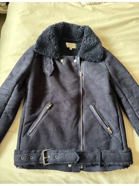 J.O.A. Navy Faux Shearling Moto Jacket